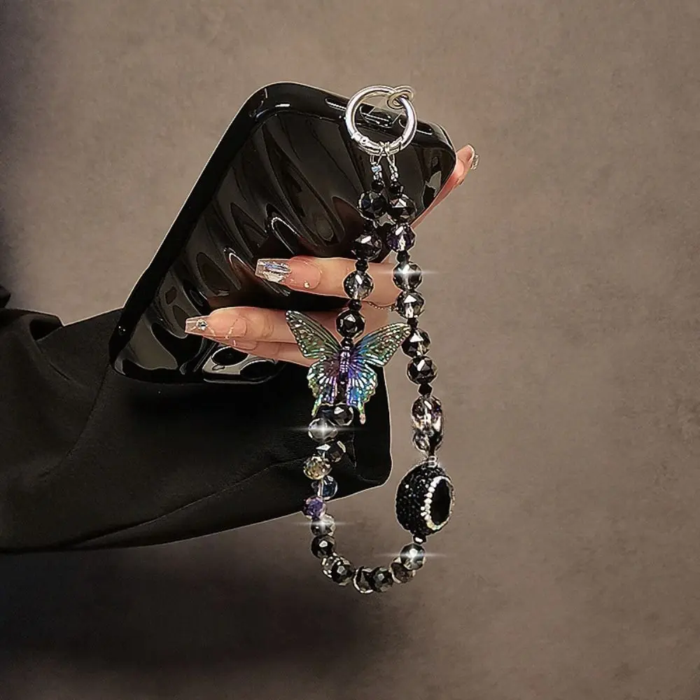 

Милый брелок для телефона с бусинами и кристаллами в виде бабочки, модный женский короткий ремешок на запястье, подарок
