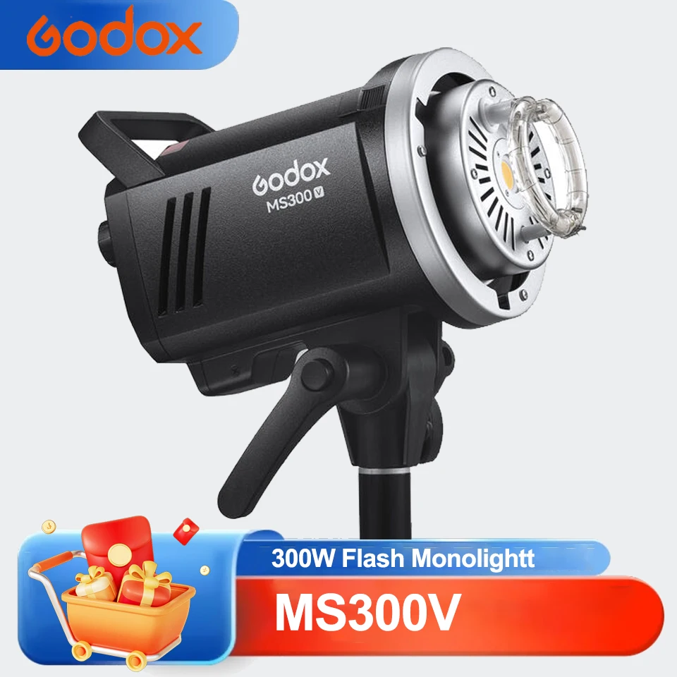 

Студийная вспышка Godox MS300V 300 Вт, 5800±200K, время перезарядки 0.1~1.8 с, со светодиодной лампой-моделируемкой, стробоскоп, монолайт