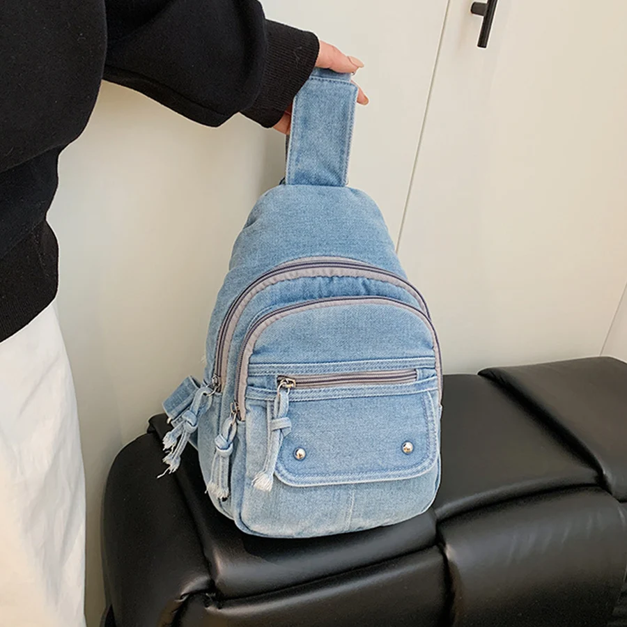 Casual Streetwear Multi-Pocket Chest Bag,Y2K Vintage Washed Denim Crossbody Bag, Outdoor Lightweight Multifunctional Backpack