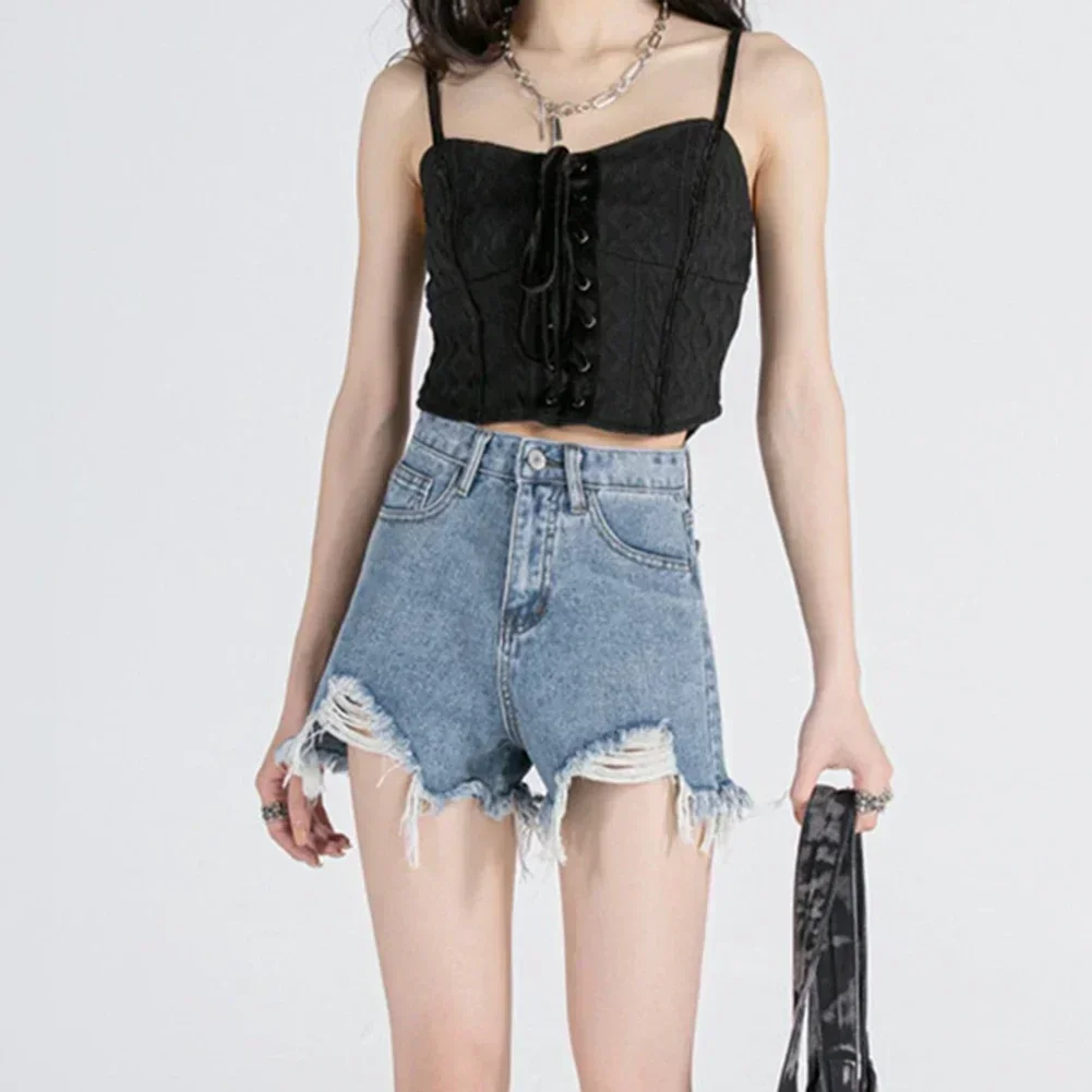 

Daily Casual Wear Black Ripped High Waist Casual Street Style Slight Elastic Solid Pattern Vacation Wear Black