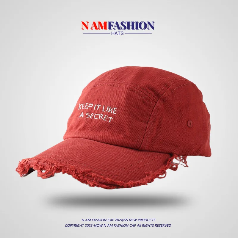 

Retro distressed letter embroidery wide-brimmed cap for men and women trendy hat soft top versatile fashion red baseball cap