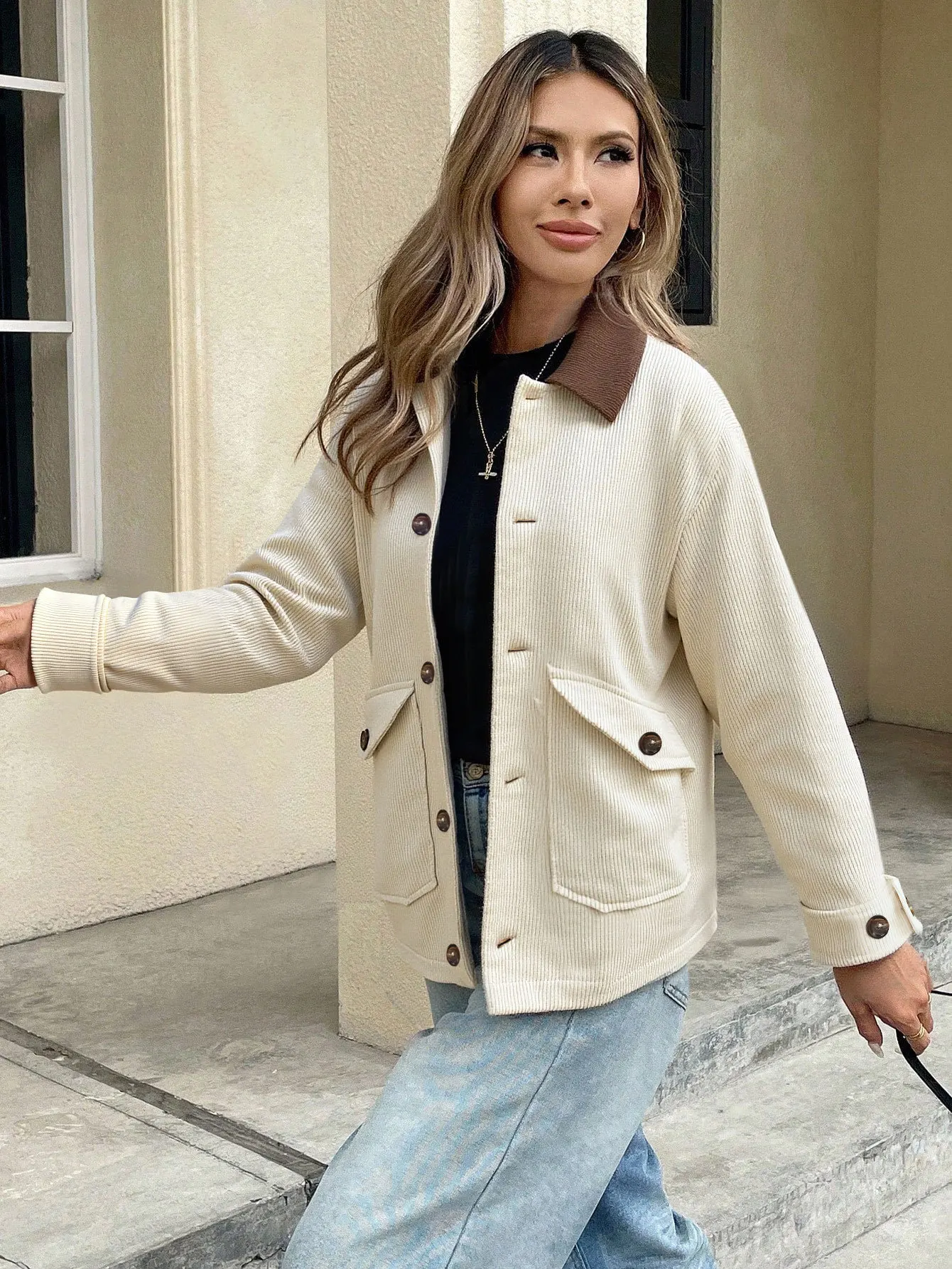 

Autumn Women Corduroy Coat Color Block Jacket Single Breasted Large Pockets Commuting Versatile Outerwear Lady Fashion