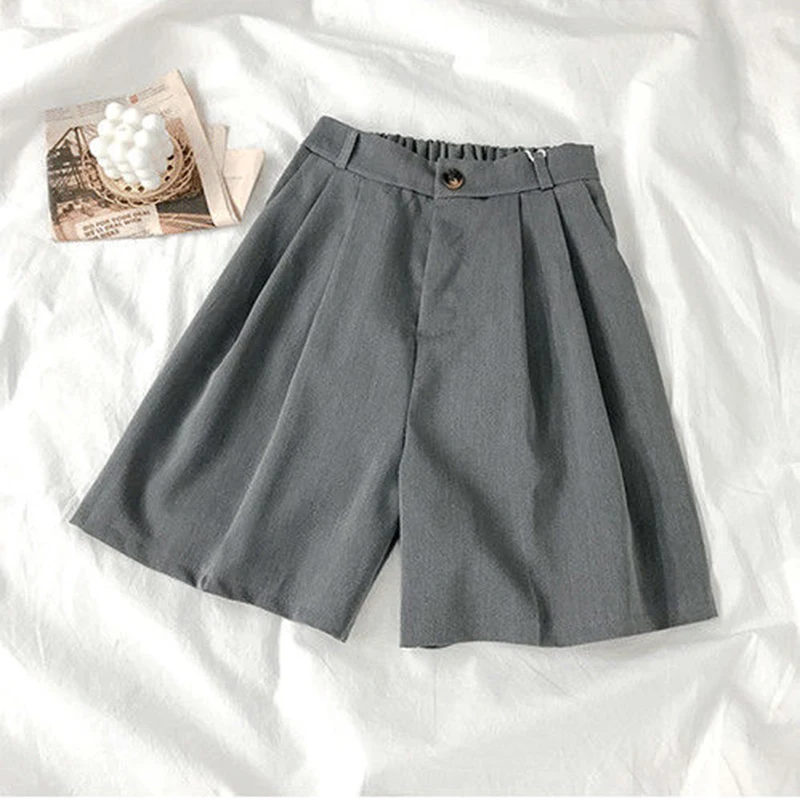 Casual High Waist Wide Leg Suit Shorts Women Korean Fashion Loose Solid Shorts Summer Office Ladies Black Thin Shorts