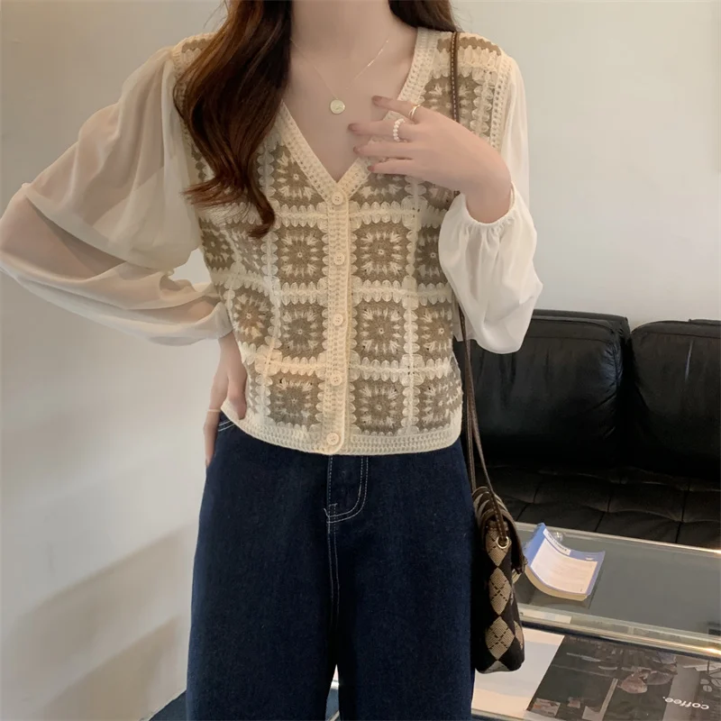 Oma-Quadrat-Häkelbluse für Damen, Puffärmel, Knopfleiste vorne, offenes Strickoberteil, Hemd, Sommer, Strand, Bohemian-Boho-Outfit