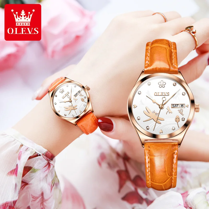 OLEVS 6611 Woman Automatic Watch Dual Calendar Mechanical Watches for Women Original Top Brand Leather Waterproof Ladies Watches