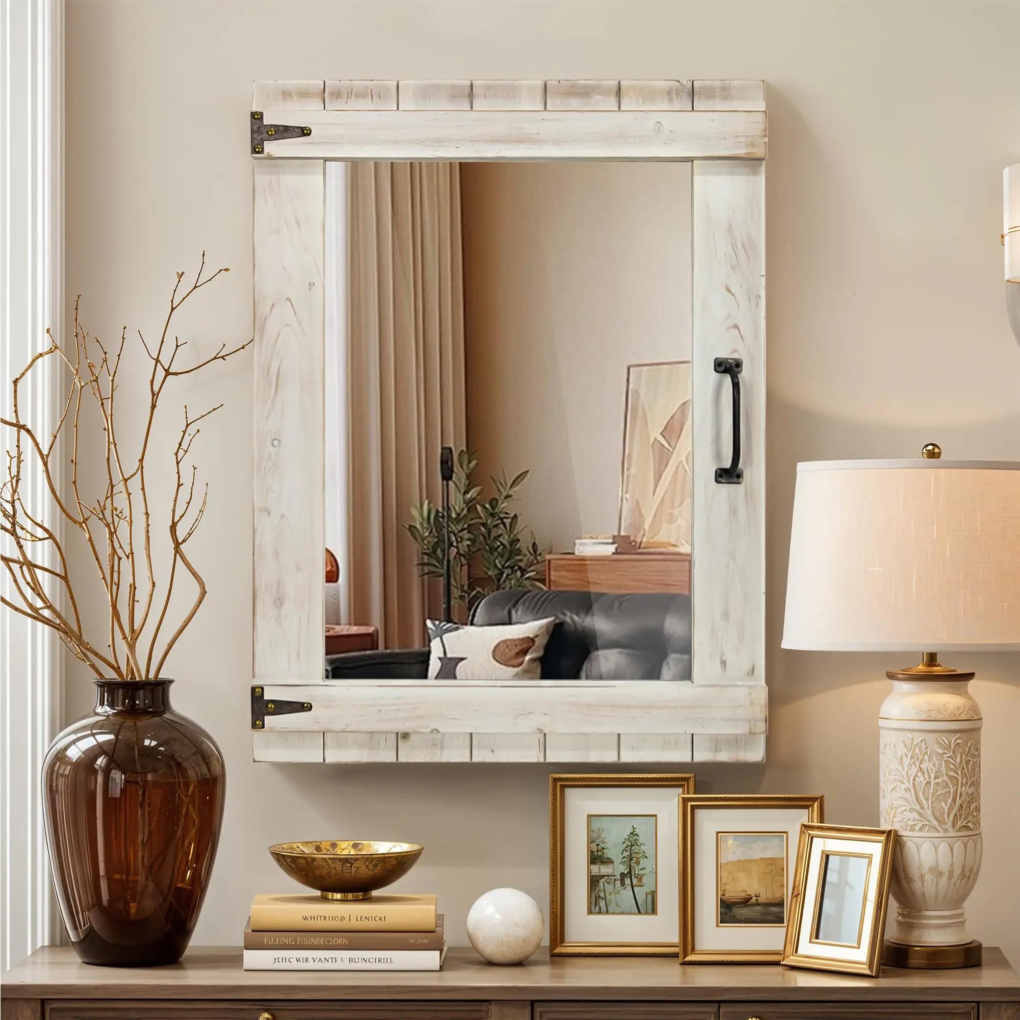 Farmhouse Mirror, 24x32 Inch Distred White Wood Fe with Black Metal Hinges, Rustic Wall Mirror for Bathroom, Living
