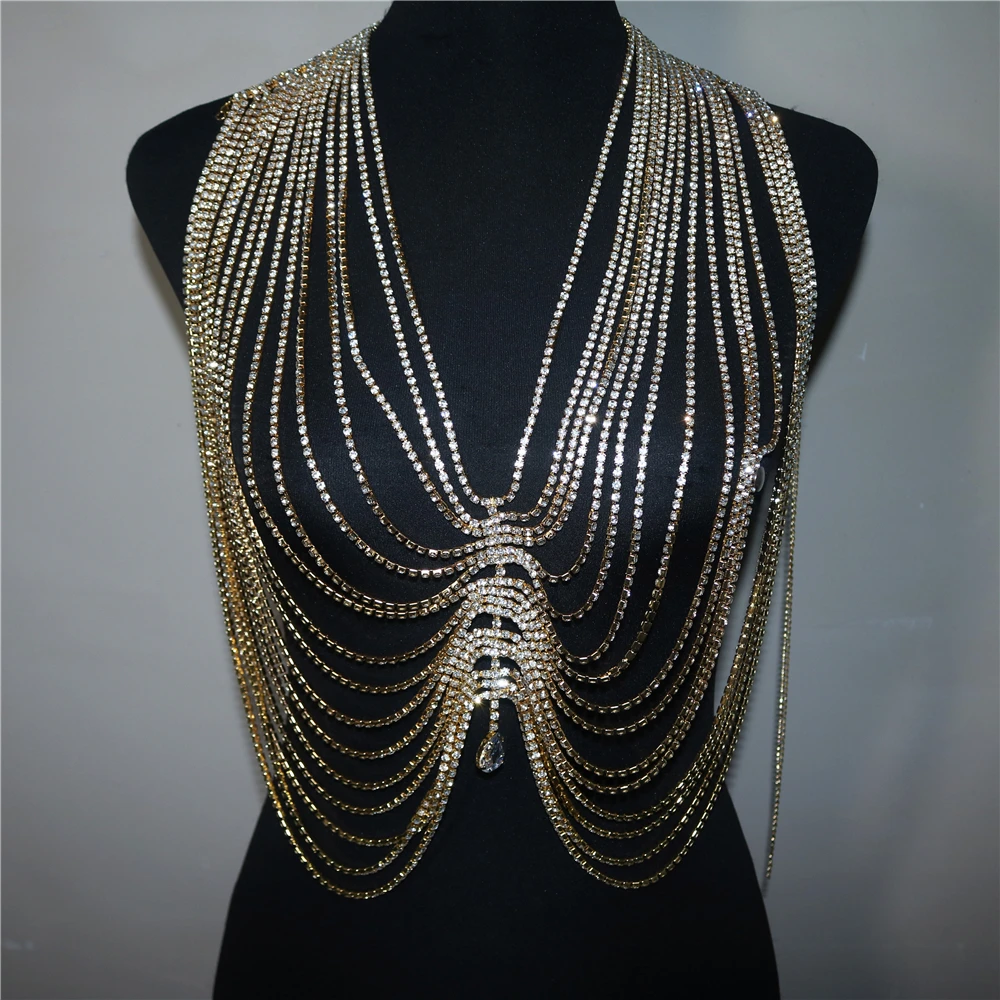 2022 جديد كريستال شرابة قطرة قلادة أعلى الجسم سلسلة الصدرية للنساء الفاخرة حجر الراين الجسم Bralette الصدر سلسلة بيكيني مجوهرات