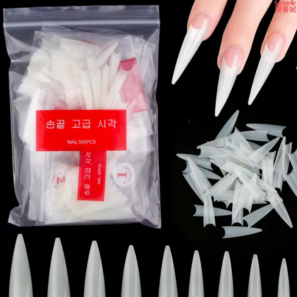 1Bag(500Pcs)Natural Stiletto Practice Nail Tips 10Size Half Cover Fake Acrylic Tip UV Gel Extension Press On Nails Manicure Tool