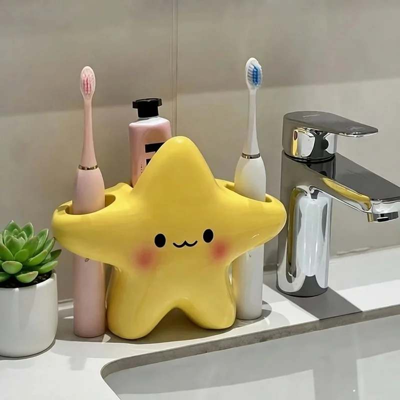 Cute Star Shaped Toothbrush Holder Funny Face Freestanding Bathroom Organizer Space Saving Toothpaste Storage
