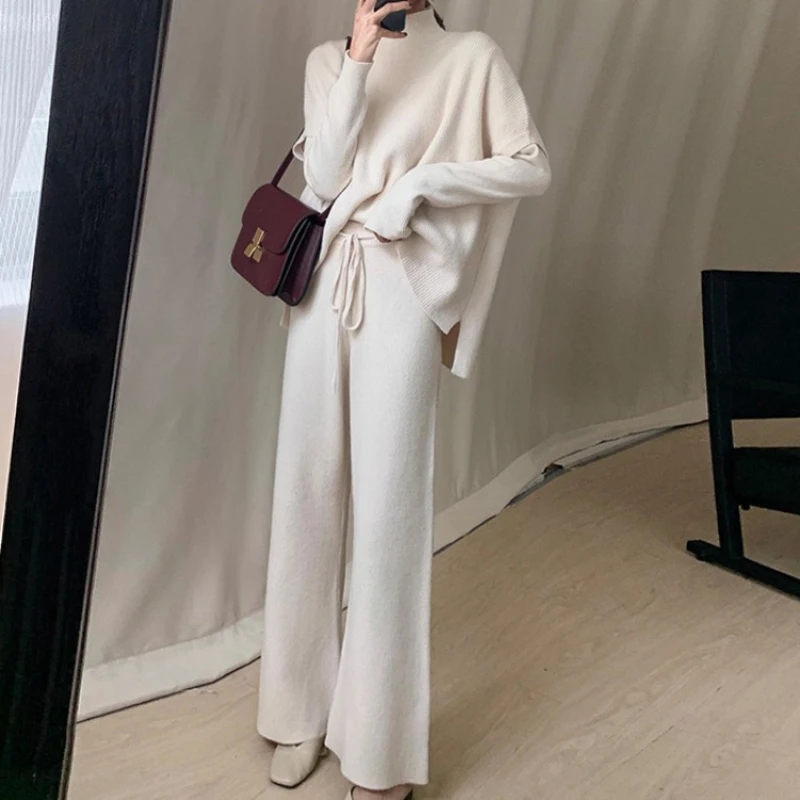 

Осень/зима, новый комплект из трех предметов, женские вязаные широкие брюки + топ с высоким воротником + топ на бретелях, универсальный повседневный комплект