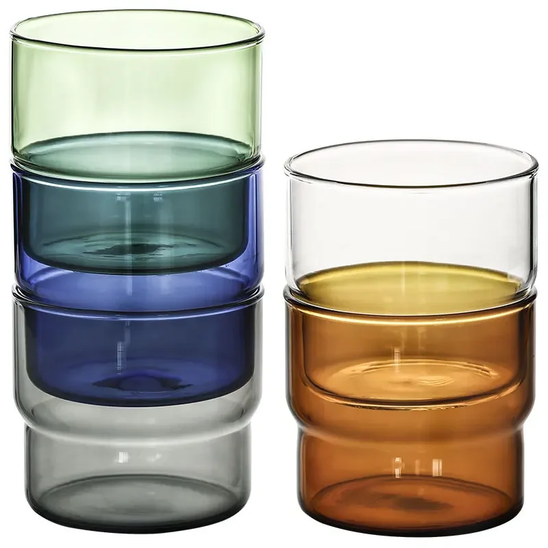 300ml 380ml Stackable Clear Pink Grey Amber Blue Green Pink Solid Color Heat Resistant Coffee Glass Mug Tumbler Cup 1 Piece