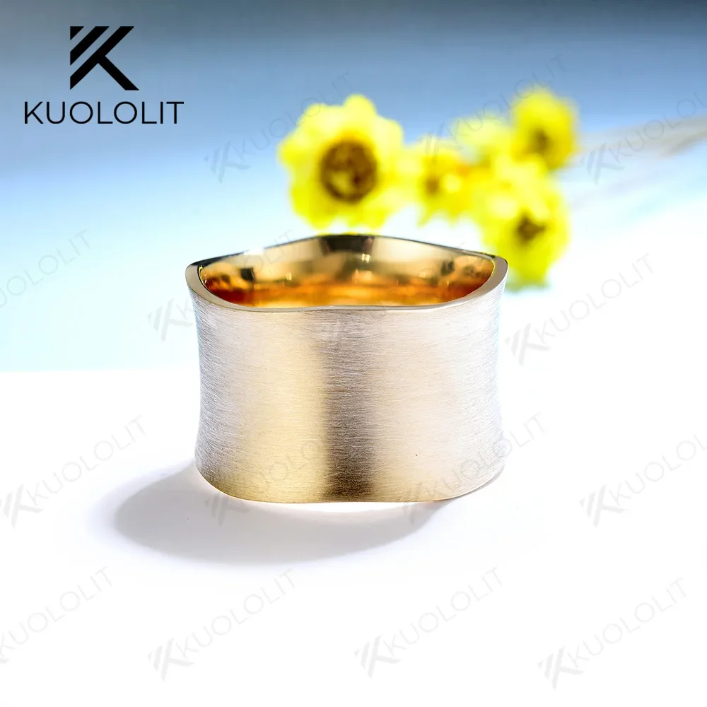 Kuololit Brushed Rings for Men Women  Solid 9K 10K Yellow Gold Rings for Anniversary Wedding Band Geometric Luxury Jewelry