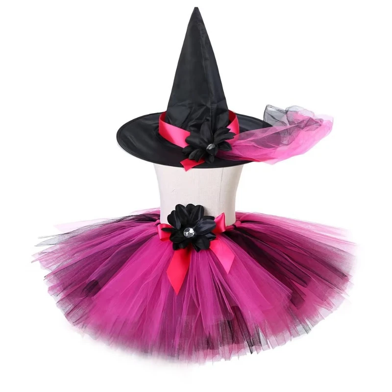 Witch Tutu Skirt Black Purple Girls Children Halloween Costume Dress Up Flowers Mini Tulle Skirt Baby Kids Tutu Outfit with Hat