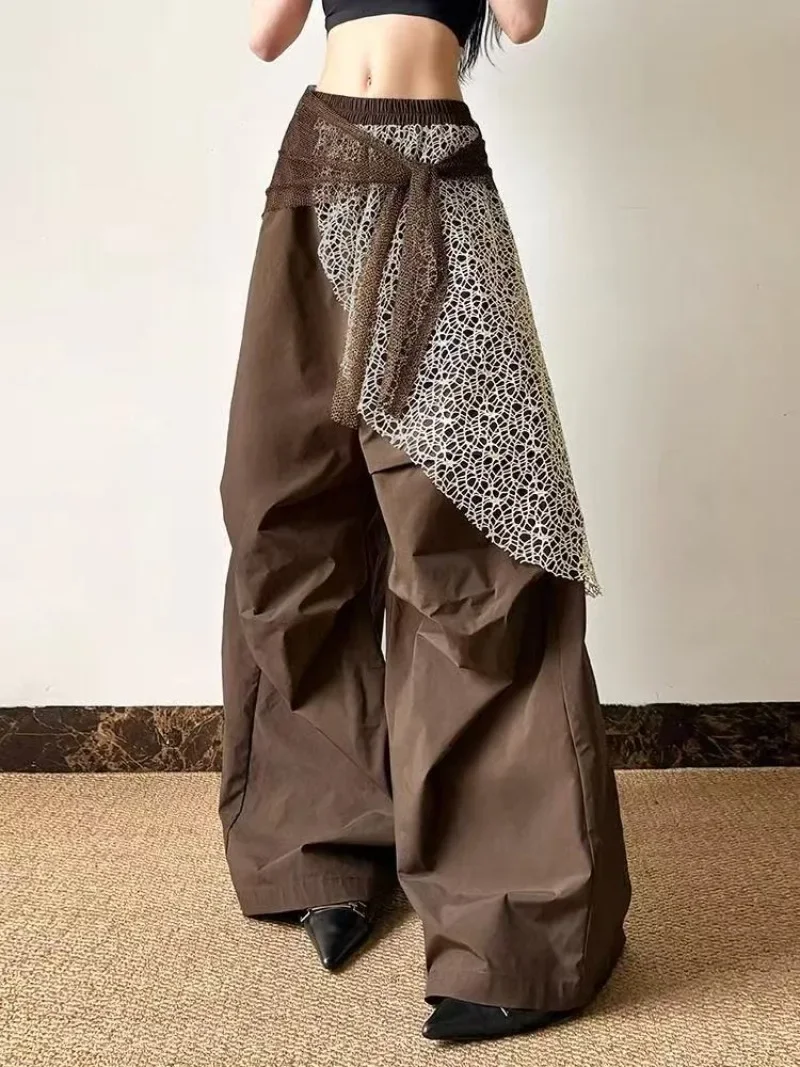 

Korean Retro Streetwear Women Wide Leg Pants Personality Design Lace Decorated Y2k Pants Harajuku Fashion Oversized Sweatpants