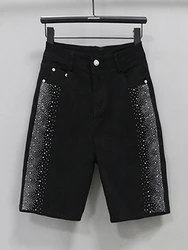 Hot Diamond Denim Shorts for Women's Streetwear Spring Autumn 2024 New Elastic High Waist Slim Shorts Female Casual Short Pants