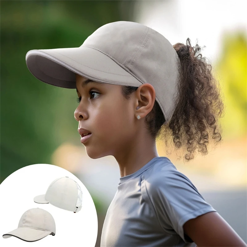 Child Quick Drying Baseball Caps Lightweight Sun Hat Outdoor Running Sun Protections Large Brimmed Ponytail Hat Solid