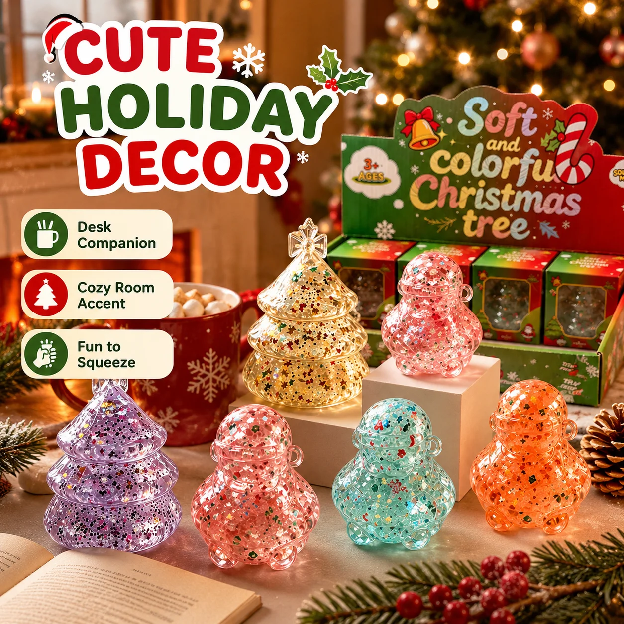 New 2026 Christmas Squishy Toys Cute Glitter Relief Paw Cat Xmas Tree snowman Blind box Toy Christmas Gift Ideas