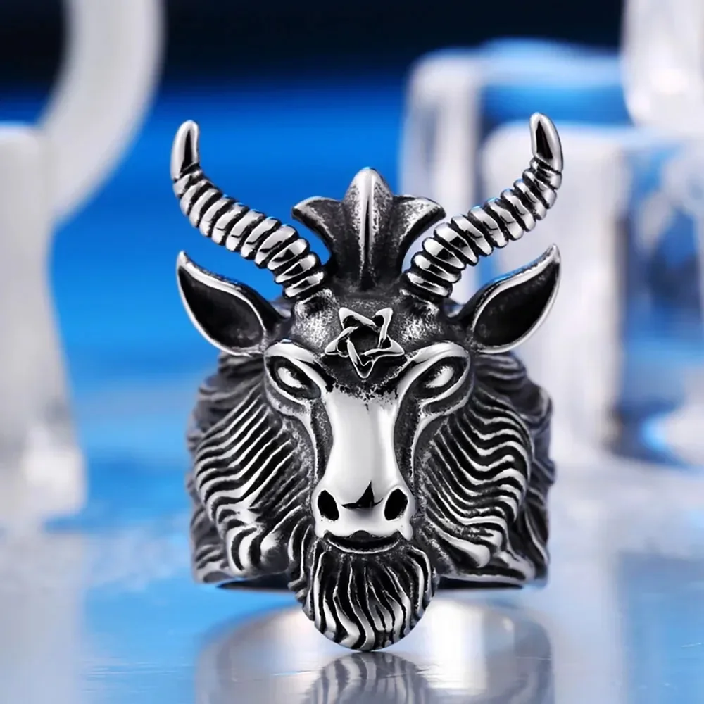 New Simple Vintage Trend Satanic Goat Ring Men\'s Gothic Lucifer Goat Head Satanic Skull Ring Street Niche Party Boy Jewelry Gift