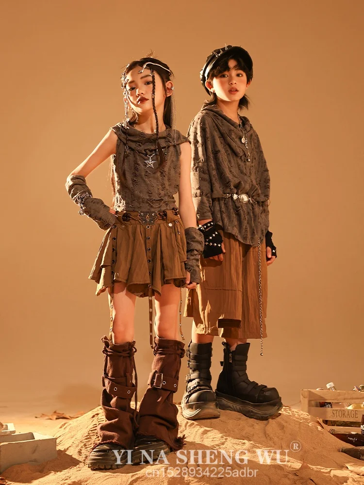 طفل القفار نمط الهيب هوب الملابس رمادي المتزعج هوديي أعلى القهوة مطوي تنورة السراويل لفتاة صبي أزياء رقص الملابس #4