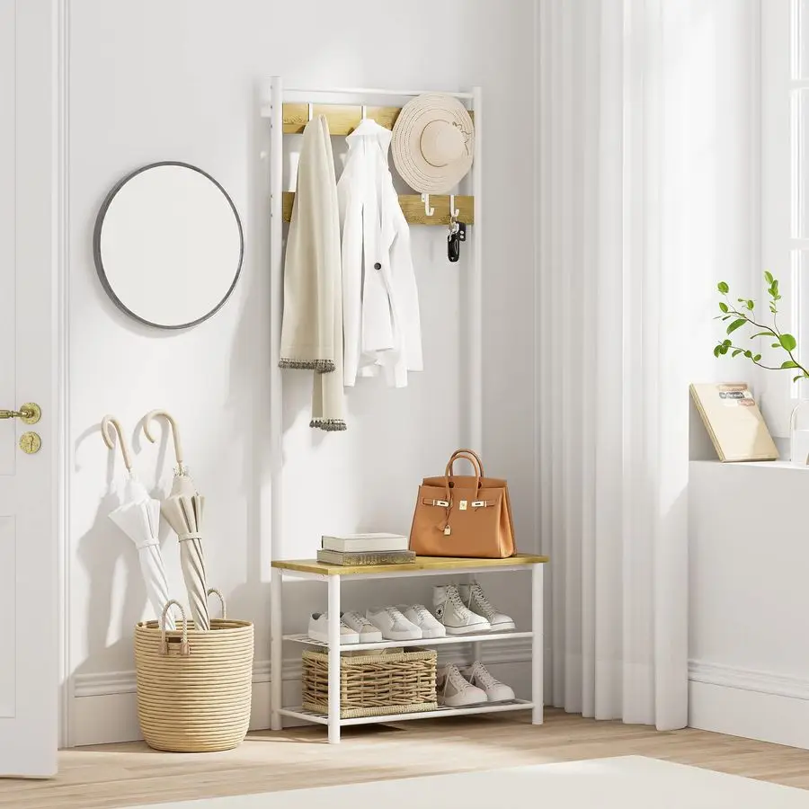 

Hall Tree with Bench and Shoe Storage, 3in1 Coat Rack Shoe Bench, Freestanding Wooden Coat Rack with Metal Frame, 3Tier Storage
