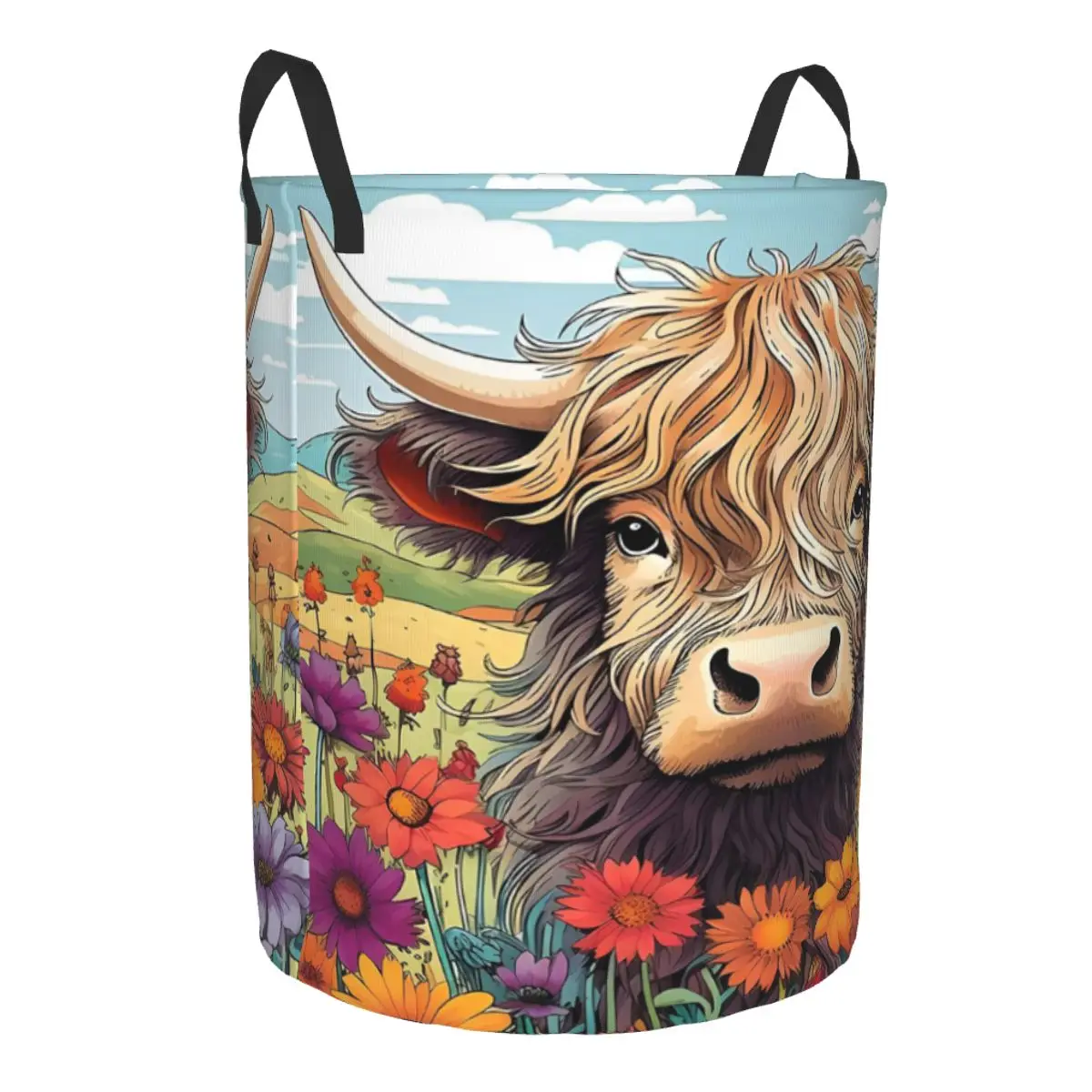 Custom Highland Cow And Flower Laundry Basket Foldable Clothes Hamper for Baby Kids Toys Storage Bin