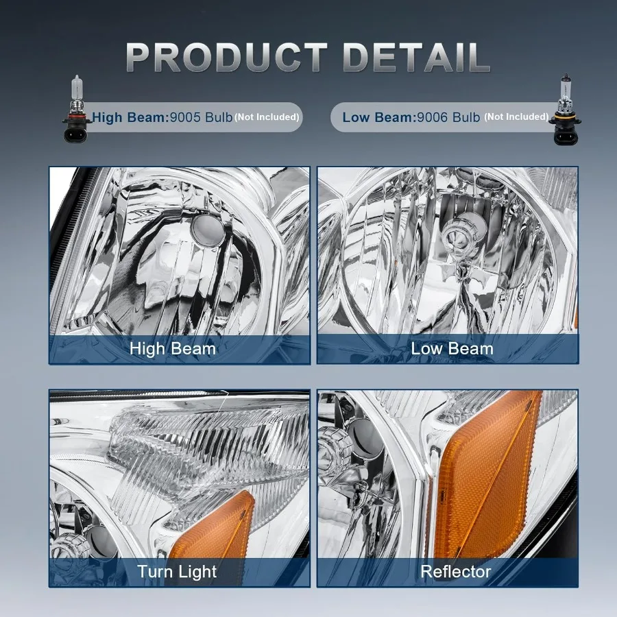 ชุดไฟหน้าคู่สำหรับรถยนต์โตโยต้า ฟอร์จูนเนอร์ ปี 2003-2005 พร้อมเลนส์ใส/กรอบโครเมียม/แผ่นสะท้อนแสงสีเหลืองอำพัน ไฟหน้าด้านหน้า