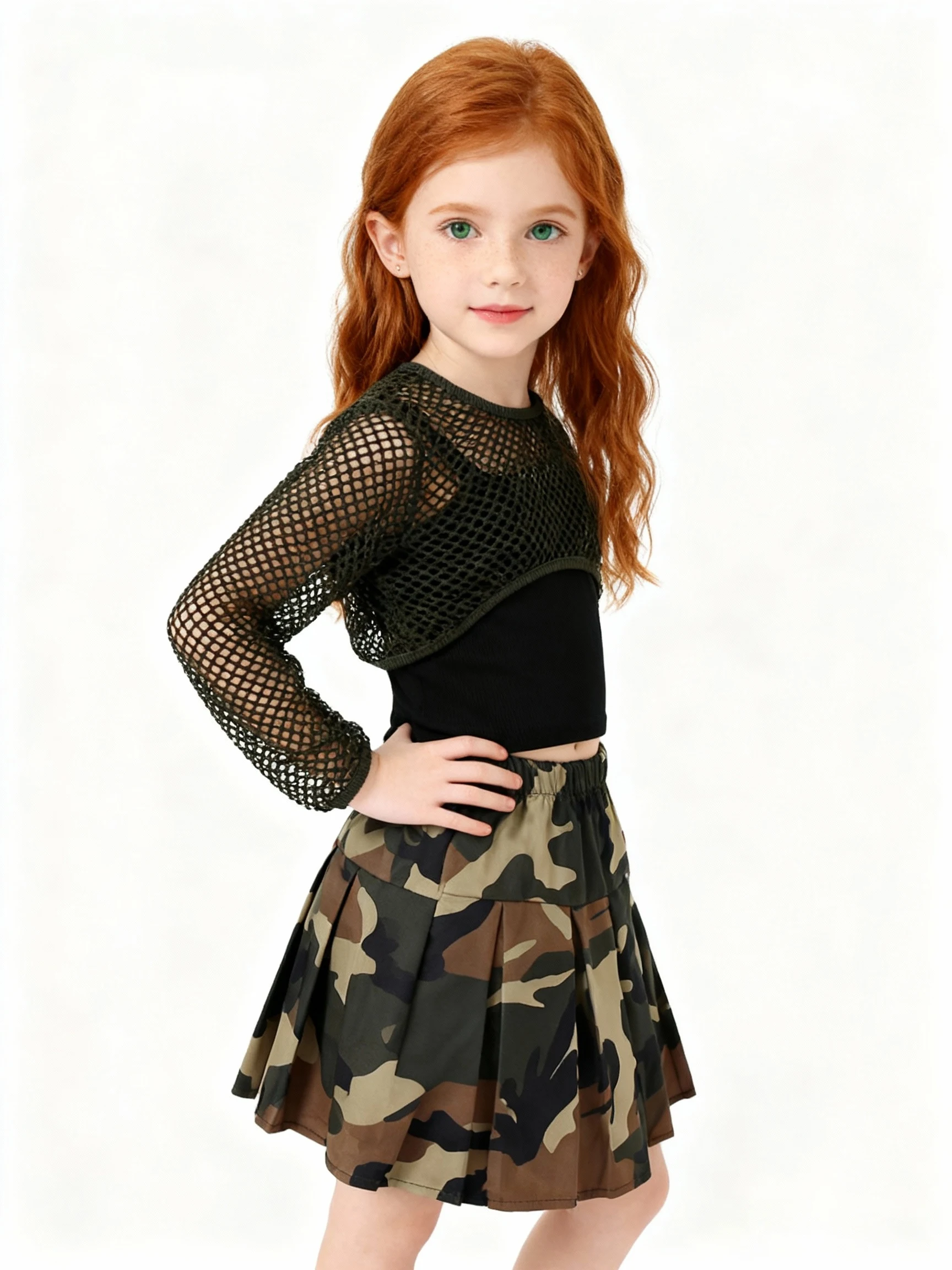 Dreiteiliges Sommer-Mädchen-Langarm-Hohl-T-Shirt, einfarbige Weste, Camouflage, kurzer Rock, modisches Freizeit-Set