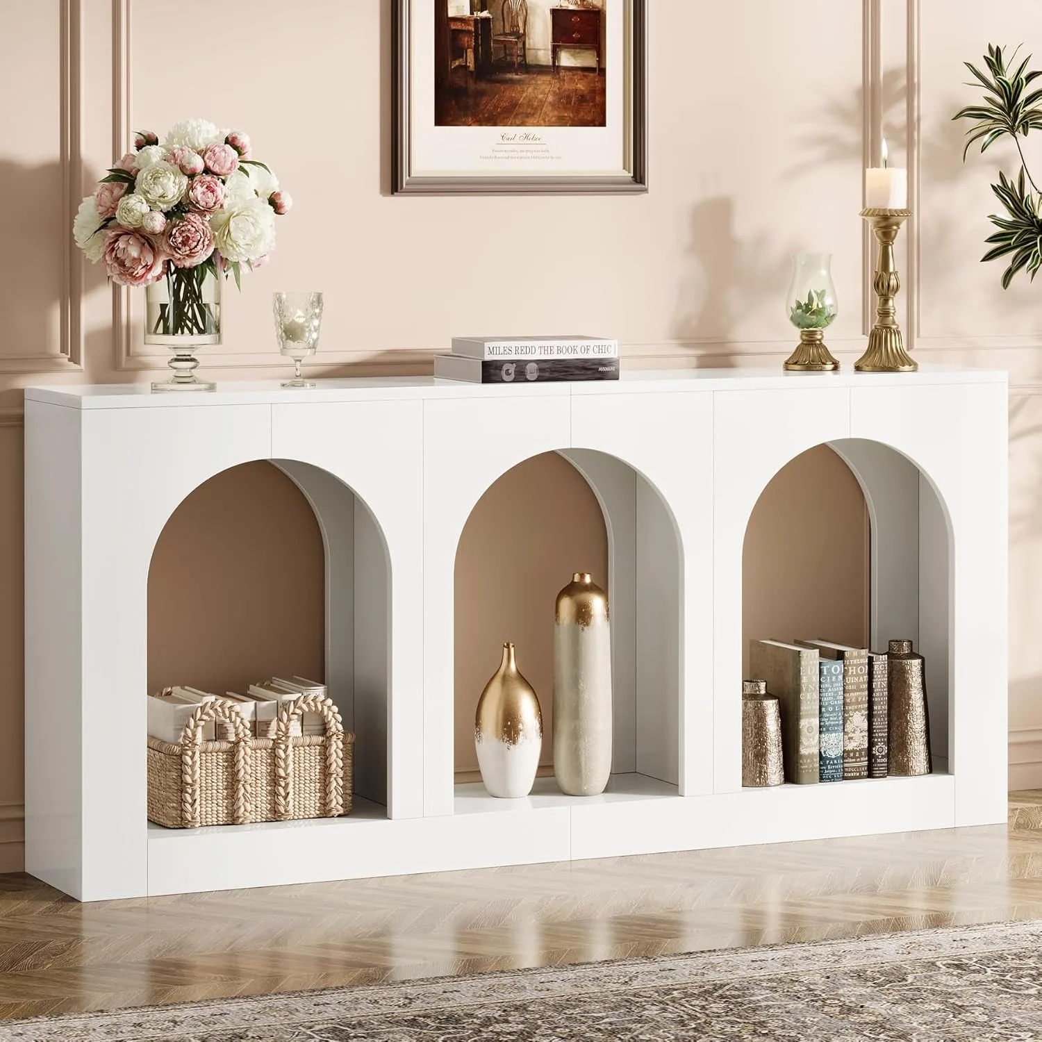 # White Console Table with Storage, Entryway Entry Table with 3 Arched Shelves for Foyer, Hallway, Living Room