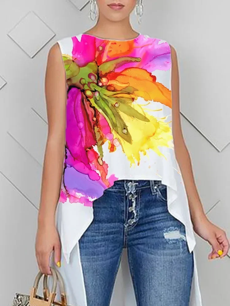 Bonboho Women's Summer Fashion Vest Top Round Neck Floral Print Extra-long Shirts A-line Pleated T-shirt 2025 New for Female