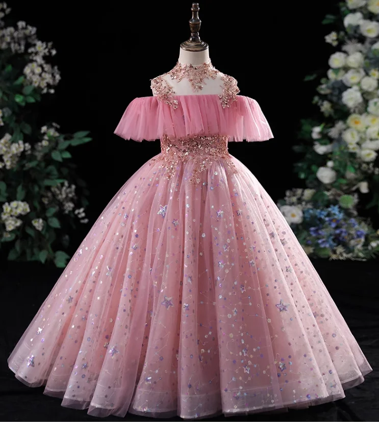 Iridescente rosa neonate paillettes Flower Party Tutu Dress bambini Bean Paste Powder Infant Christmas Costume