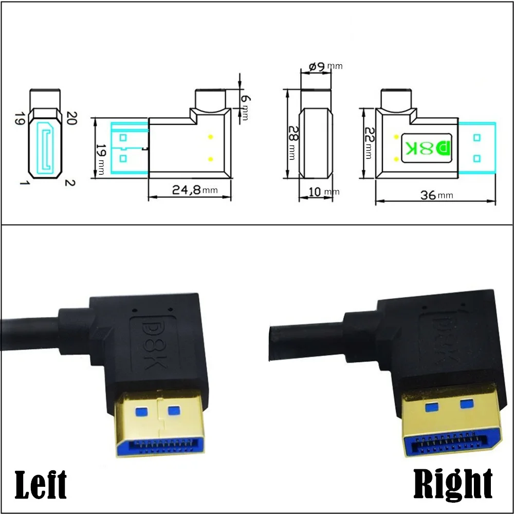 DisplayPort DP 1.4 Cable Dual 90 Degree Angled 8K@60Hz 4K@144Hz HDR High Speed 32.4Gbps Display Port Male to Male Extension Cord