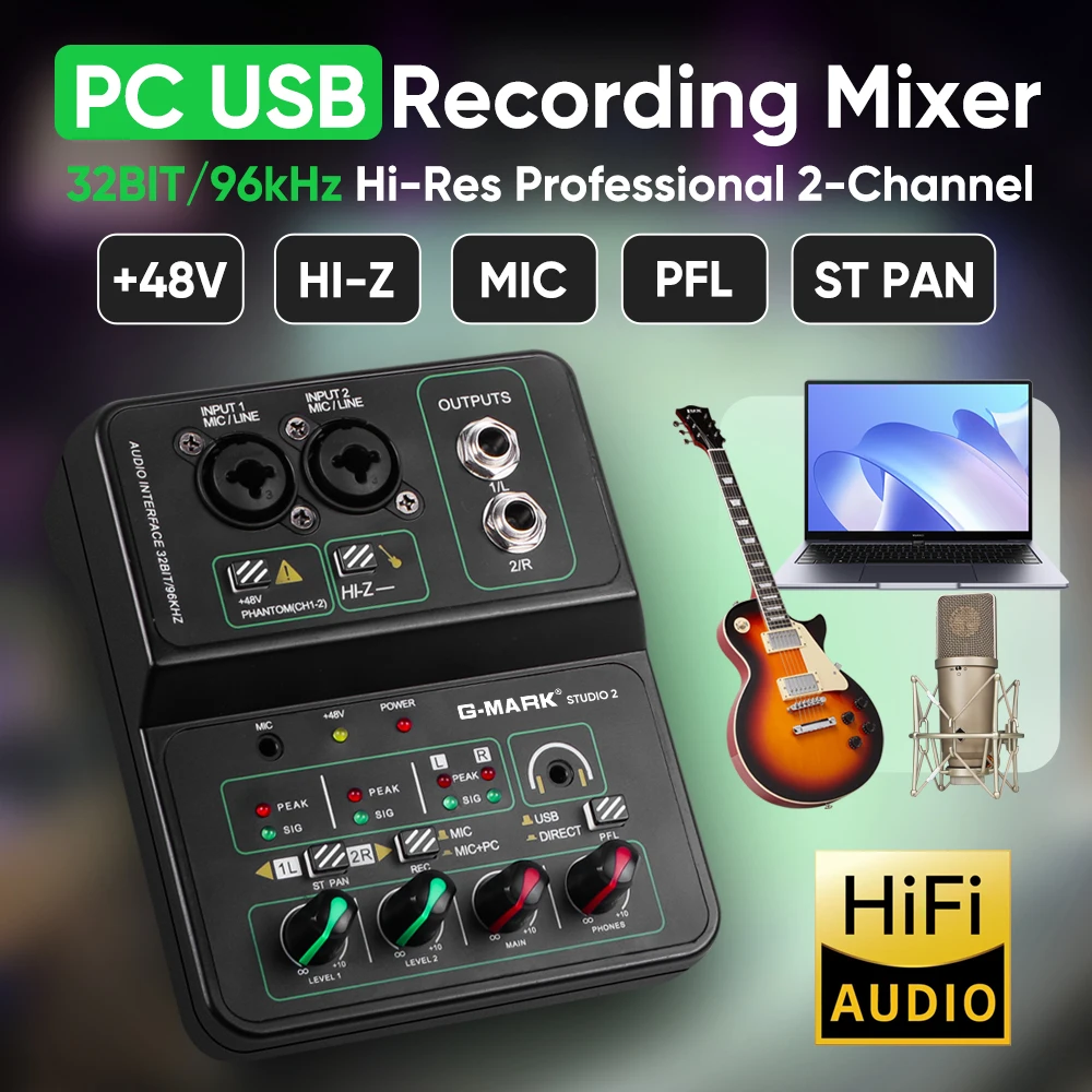G-MARK Audio Mixer 2 Channel With 48V 32-Bit/96kHz Sound Effects Interface For Live Show Recoding Party DJ Podcast Streaming