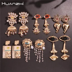 HUANZHI New Lips Nose Evil Eyes Earrings for Women Crystal Long Drop Tassel Pearl Vintage Ethnic Chunky Exaggerated Irregular Je