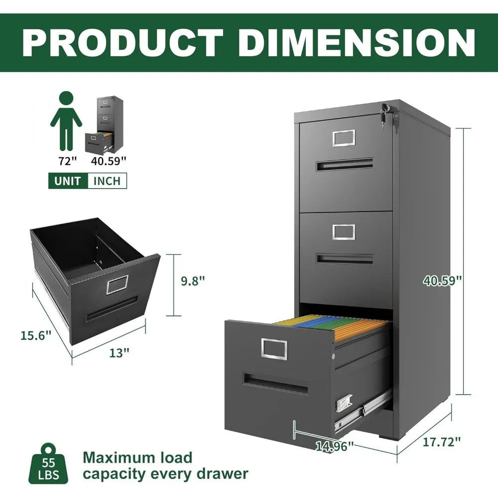 خزانة ملفات معدنية عمودية ذات 3 أدراج مع قفل، وحدة تخزين لأرقام A4/الحروف/القانونية، وتصميم موفر للمساحة للاستخدام المكتبي والمنزلي #3