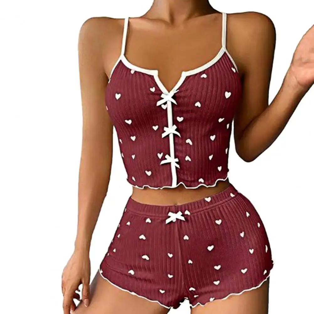 Women Sleepwear Heart Print Pajama Set with High Waist Shorts Sleepwear Ensemble Suit Outfit