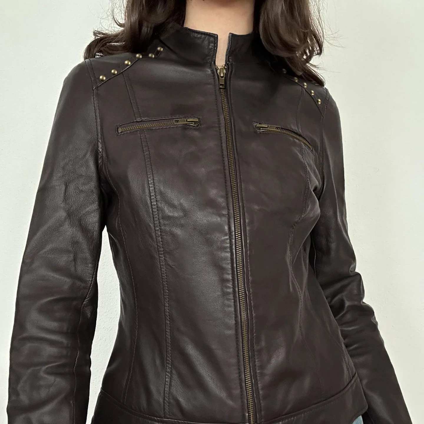 Cool Street Style Motorcycle Windbreaker Long Sleeve Leather Jacket Women's Slim Fit Pocket Partition Design Retro Hot Girl Coat