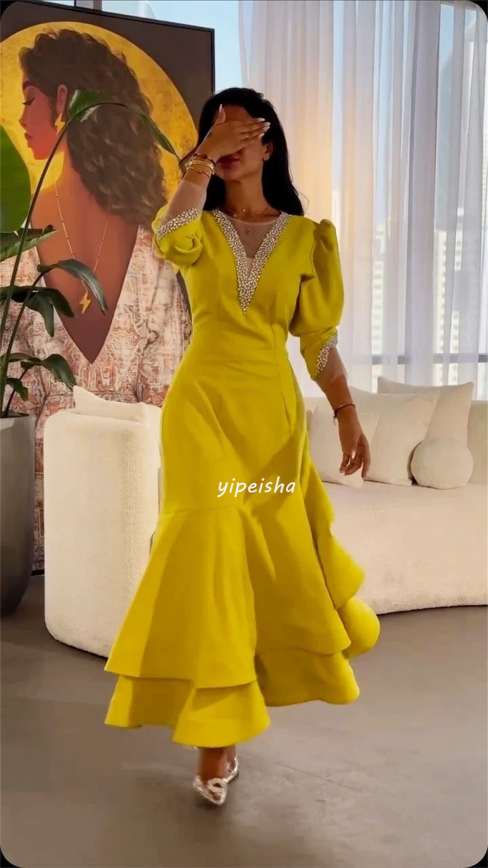 Customized Exquisite Jersey Sequined Pleat Ruched Rhinestone A-line V-neck Long Dresses Prom Dresses Classic Unisex Simple Elega