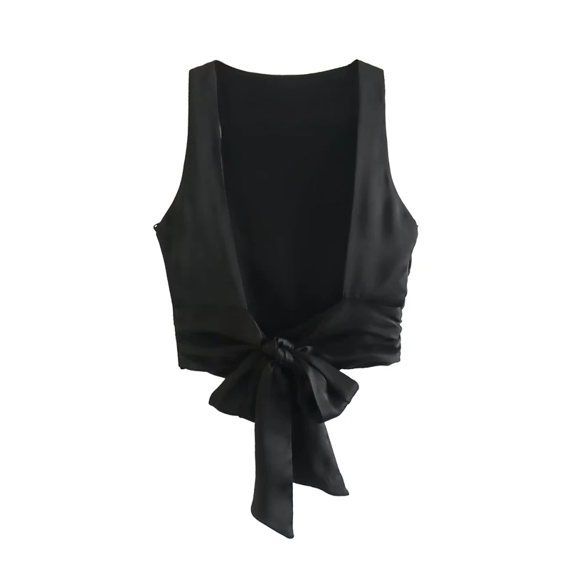 Keyanketian Zomer Kleding Nieuwe Vrouwen Bow Lace-Up Backless Ontwerp Sexy Mouwloze Korte Shirt Zijde Satijn Textuur Top