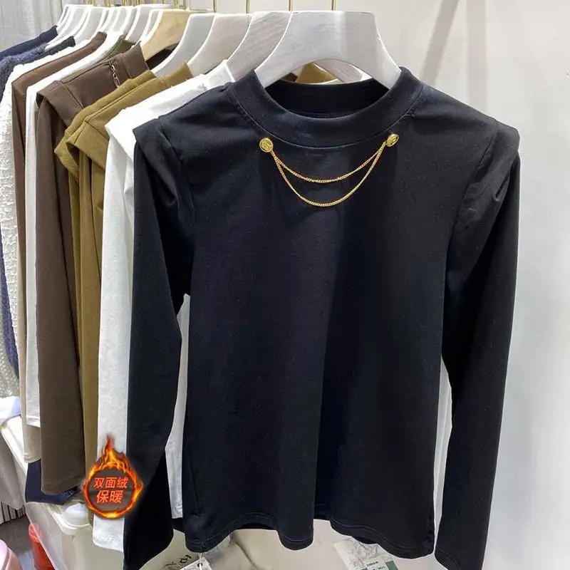 الخريف الألمانية المخملية تي شيرت الوجهين المخملية طويلة الأكمام تصميم تحسس الجولة الرقبة فضفاضة ضئيلة فقاعة الحد الأدنى بلايز عادية #1