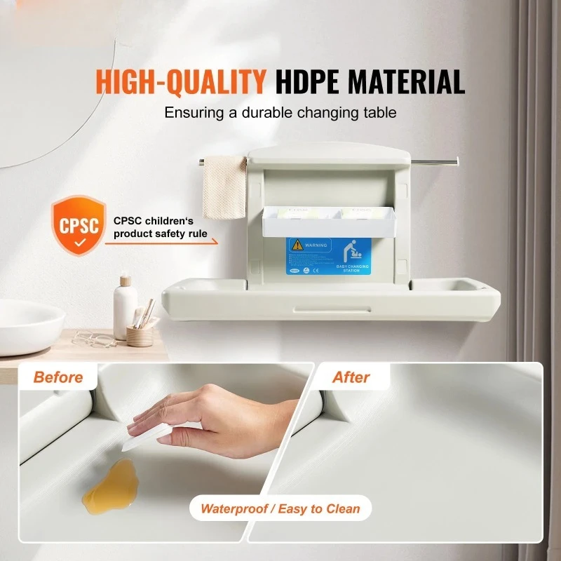 Wall-Mounted Baby Changing Station Horizontal Foldable Diaper Change Table Safety Straps and Hanging Rods for Newborns
