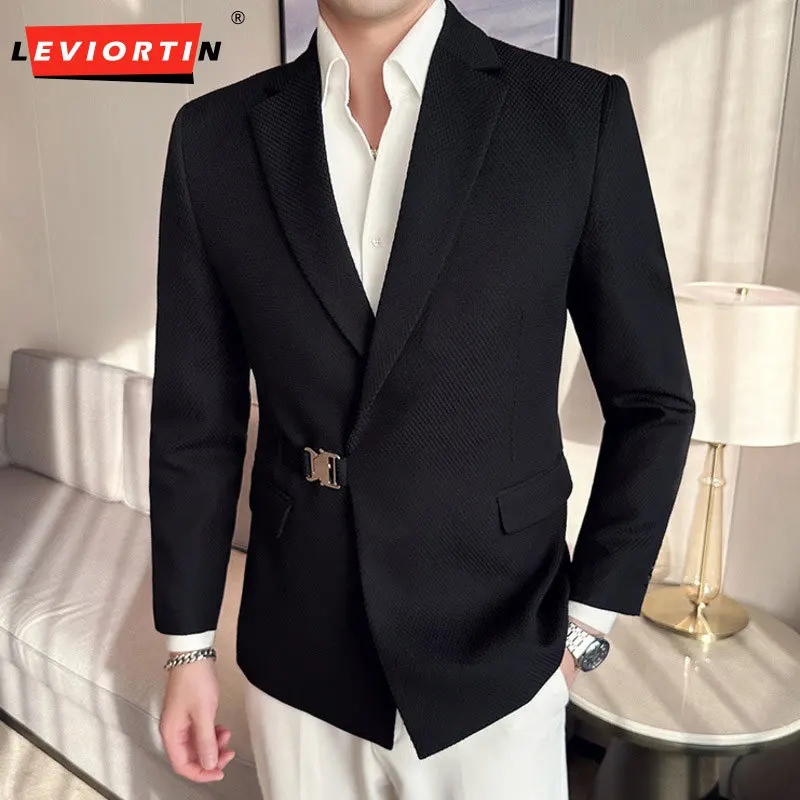 

High Quality Summer Thin Blazer Jackets For Men Clothing 2024 Fashion Buckle Design Slim Fit Casual Suit Coats Tuxedo Formal 4XL