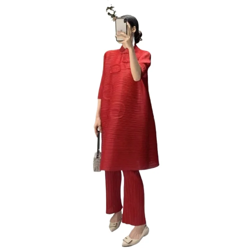 Miyake Fashion Pleated 2 Pieces Set Women Stand Long Dresses High Waist Pants Solid Color Sets 2023 Autumn New Clothing