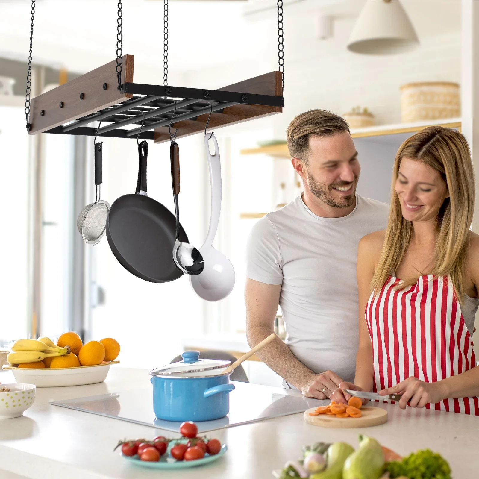

Kitchen Hanging Pot Pan Holder Hanger Iron Rack Cookware Organizer Storage Shelf Black and Brown Ceiling Mounted Pot Rack