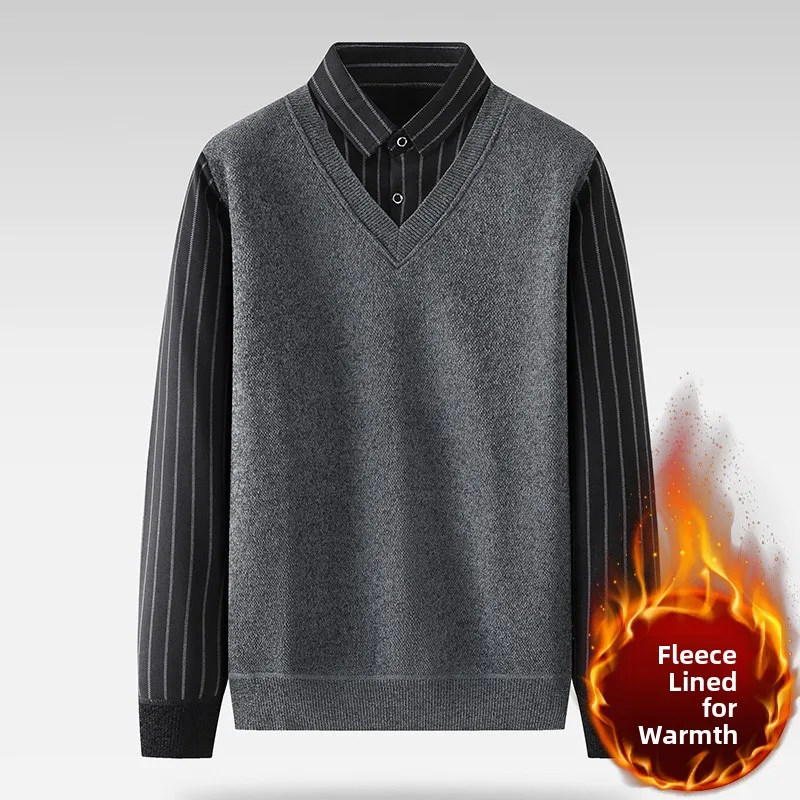 

Men's Faionable Soft Fce Lined Knitwear Casual Comfortable Warm Busin Casual Soft Two-Piece Look Winter Season Wear