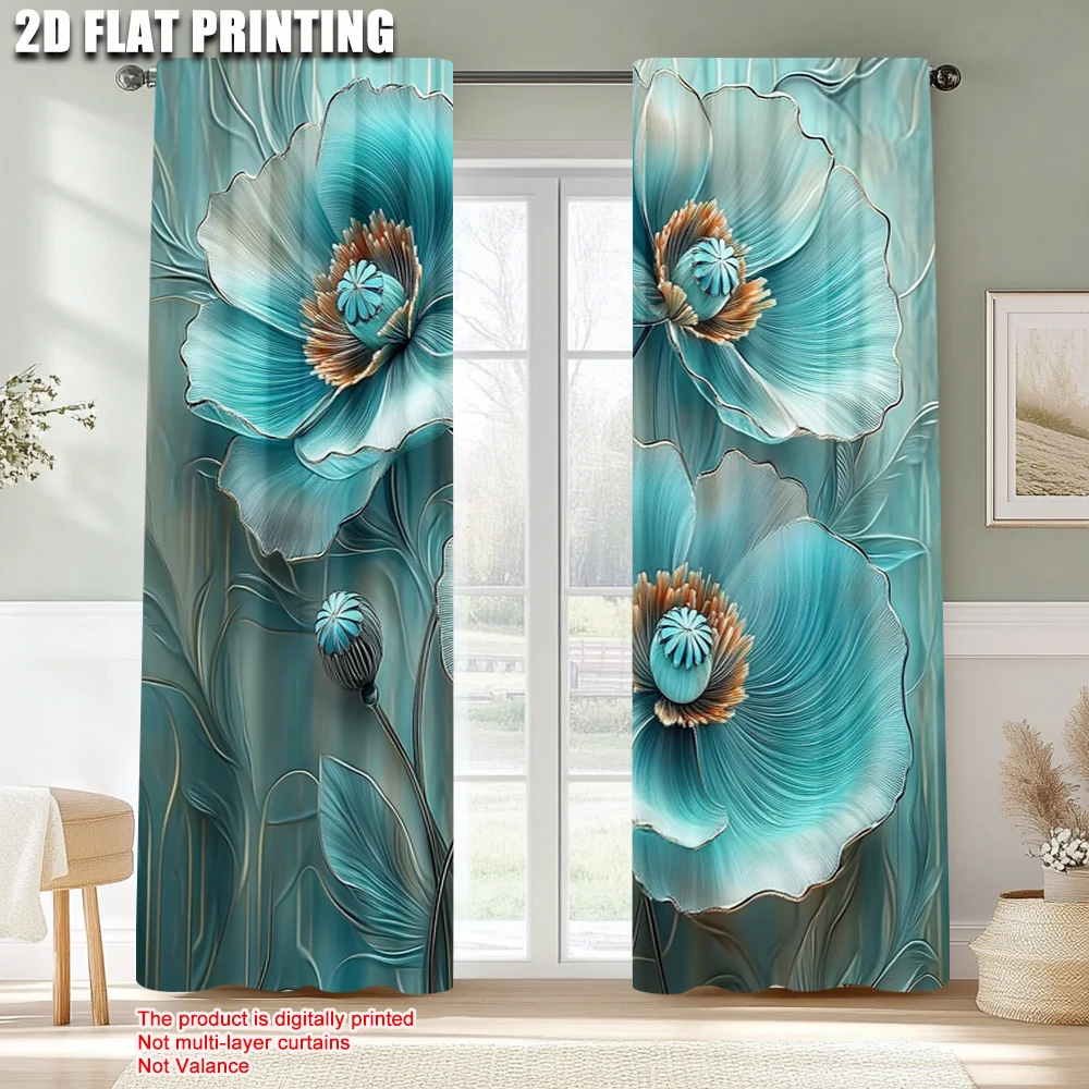2 uds, cortina Popular impresión 2D azul turquesa Floral Mandala poliéster duradero (sin varilla) decoraciones para el hogar Ldeal para