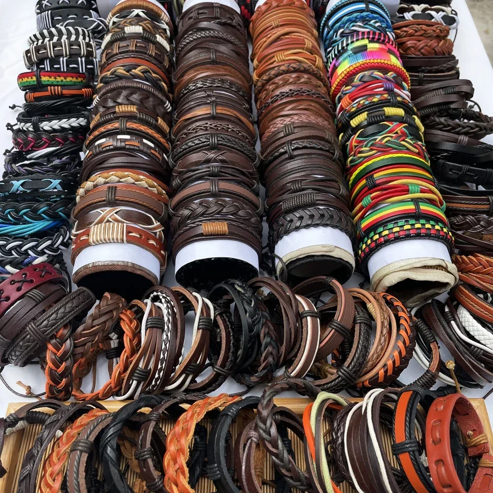 

Random 50pcs/lot Hand-woven Wrap Multilayer Bracelets Wholesale Leather Braided Rope Wristband Men Bracelets & Bangles Women