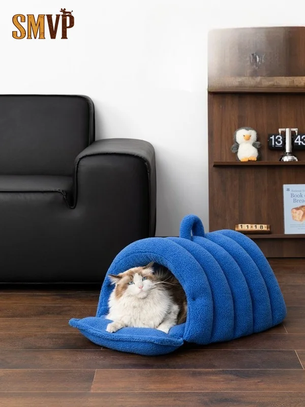 Pet Cave Bed Winter Warm Enclosed Pet Nest Windproof Soft Plush Cat Bed Small Dog Sleeping Cushion Portable Cozy with Handle