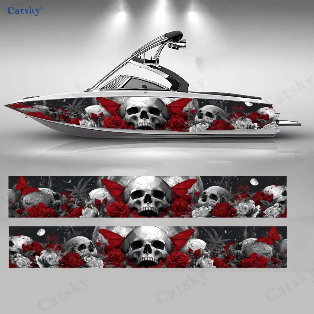 

2Pcs Red Butterfly & Rose Skull Boat Stickers, PVC Waterproof Vinyl Wrap Decals for Fishing Boats, Durable and Stylish Design