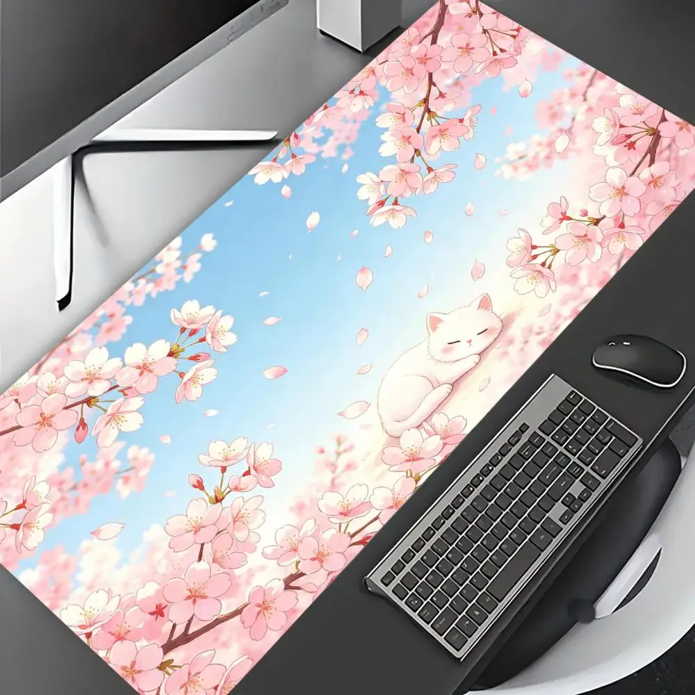 Sakura Cat Large Mouse Pad, Fresh Pink & Blue Style Thick Non-slip Desk Mat, Universal Keyboard Pad for Office & Gaming