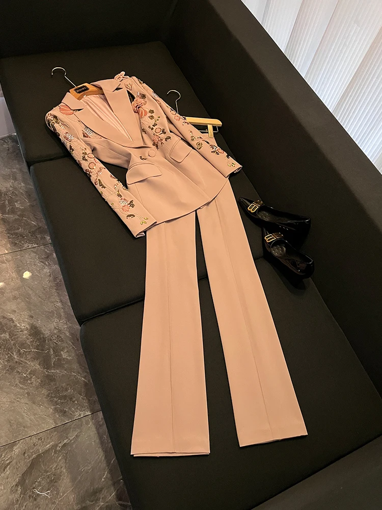 

Faionable Heavy Embellied 3D Floral Jaet And Wide Leg Pants Set Women's Autumn Collection AK37 Two Piece Suit